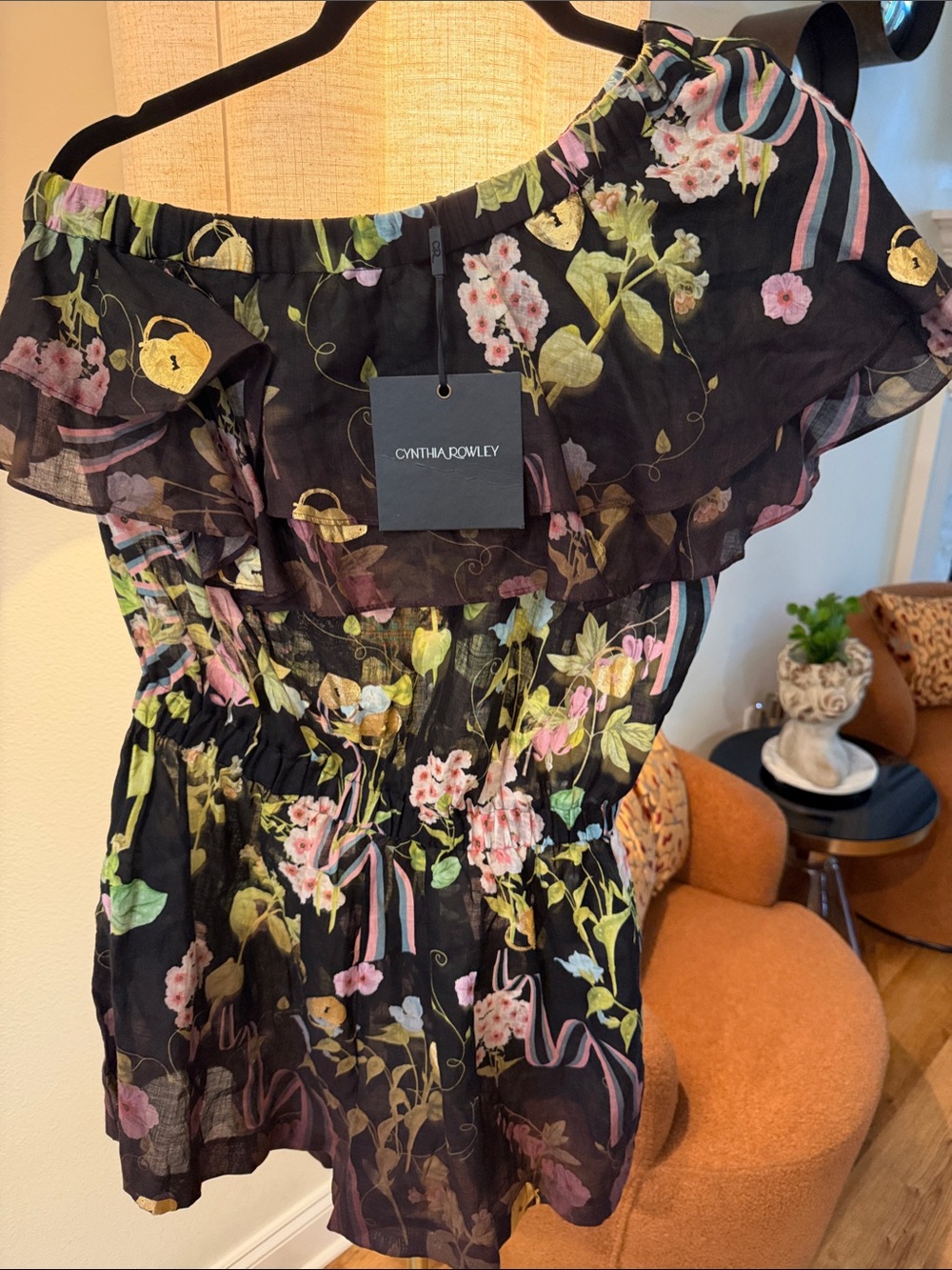 Cynthia Rowley Black Floral One-Shoulder Ruffle romper. Shorts. Ramie